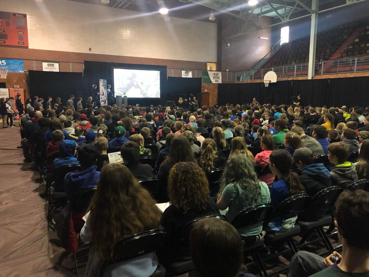 Students watch as Canadian Space Agency astronaut David Saint-Jacques announced the two big winners of the Little Inventors: Inventions for Space contest.
