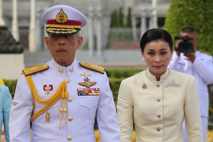 Thailand’s King Maha Vajiralongkorn and Queen Suthida leave after paying their respect at the statue of King Rama V at the Royal Plaza in Bangkok, Thailand, on May 2, 2019.