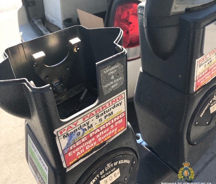 A photo of a damaged parking meter in downtown Kelowna. Police say a suspect, or suspects, caused $6,000 in damages this week by vandalizing several parking meters, but only took $100 in coins.