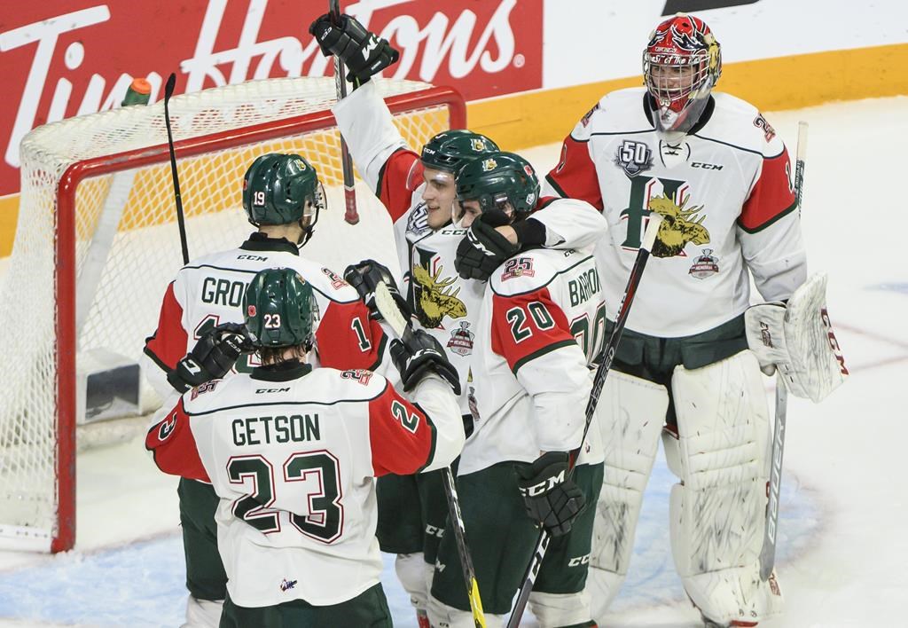 Members of the Halifax Mooseheads celebrate going to the Memorial Cup final despite a 4-3 loss to the Rouyn-Noranda Huskies during Memorial Cup hockey action in Halifax on Wednesday, May 22, 2019.