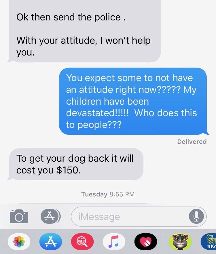 Text messages from a dog rescue asking for money to return a lost dog.