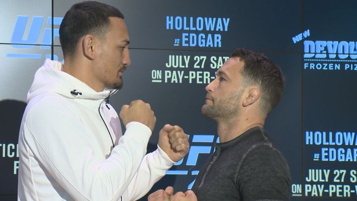 Max Holloway (left) and Frankie Edgar (right) were in Edmonton on Wednesday to publicize tickets for UFC 240 going on sale Friday.