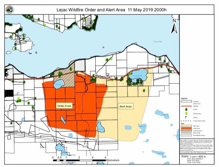 A map of the evacuation order and alert issued Saturday, May 11 by the Regional District of Bulkley-Nechako. Orange indicates the evacuation order, while beige highlights the areas under an evacuation alert.
