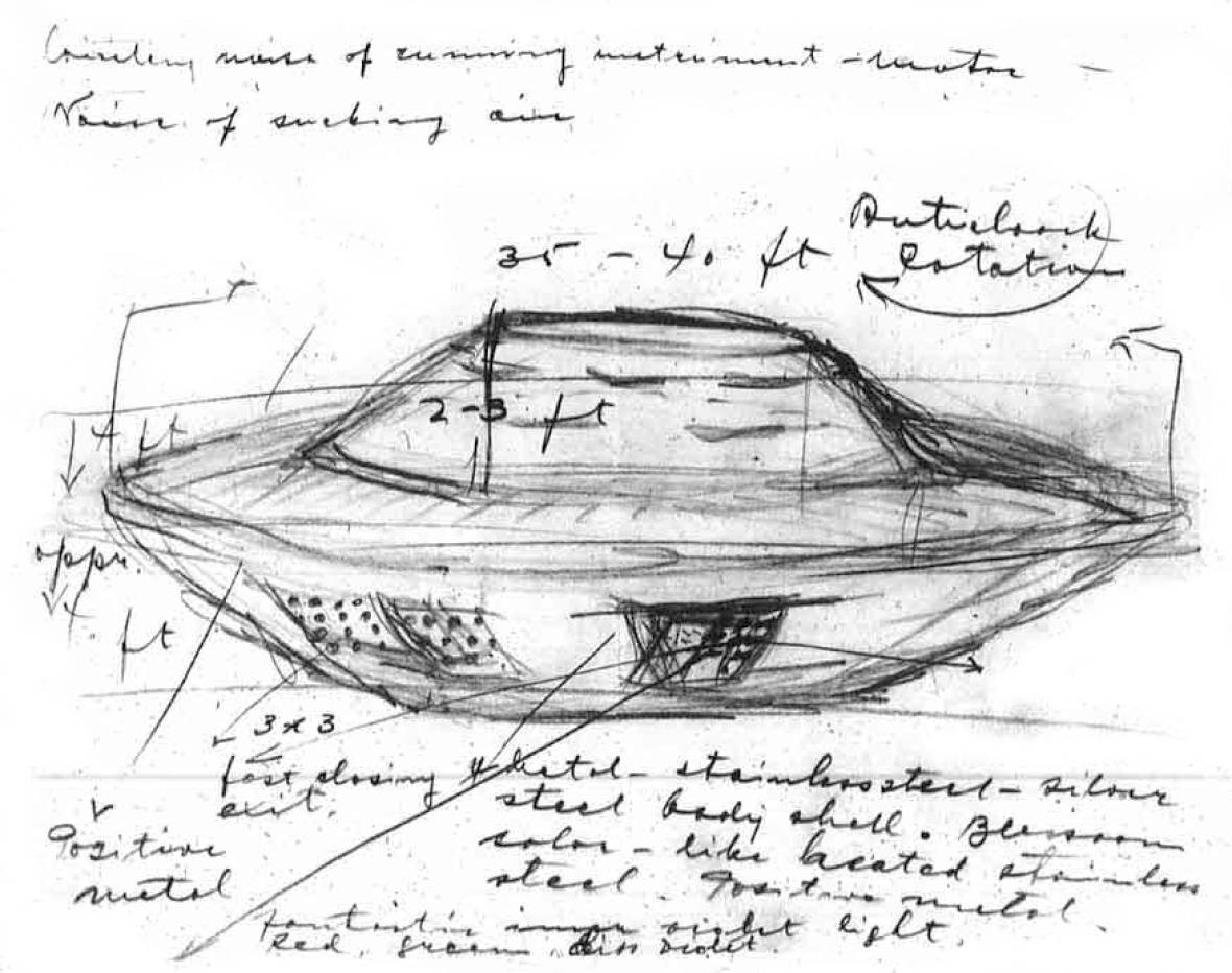 Stefan Michalak's sketch of the UFO he said he saw near Falcon Lake in 1967.