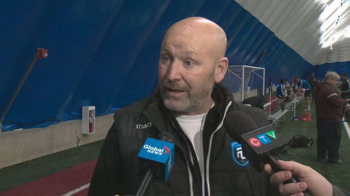 FC Edmonton coach Jeff Paulus speaks to reporters on May 1, 2019.