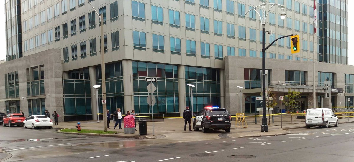 Hamilton police blocked off the Federal Building at 55 Bay Street North after receiving a call about a suspicious package on Tuesday, May 7, 2019.