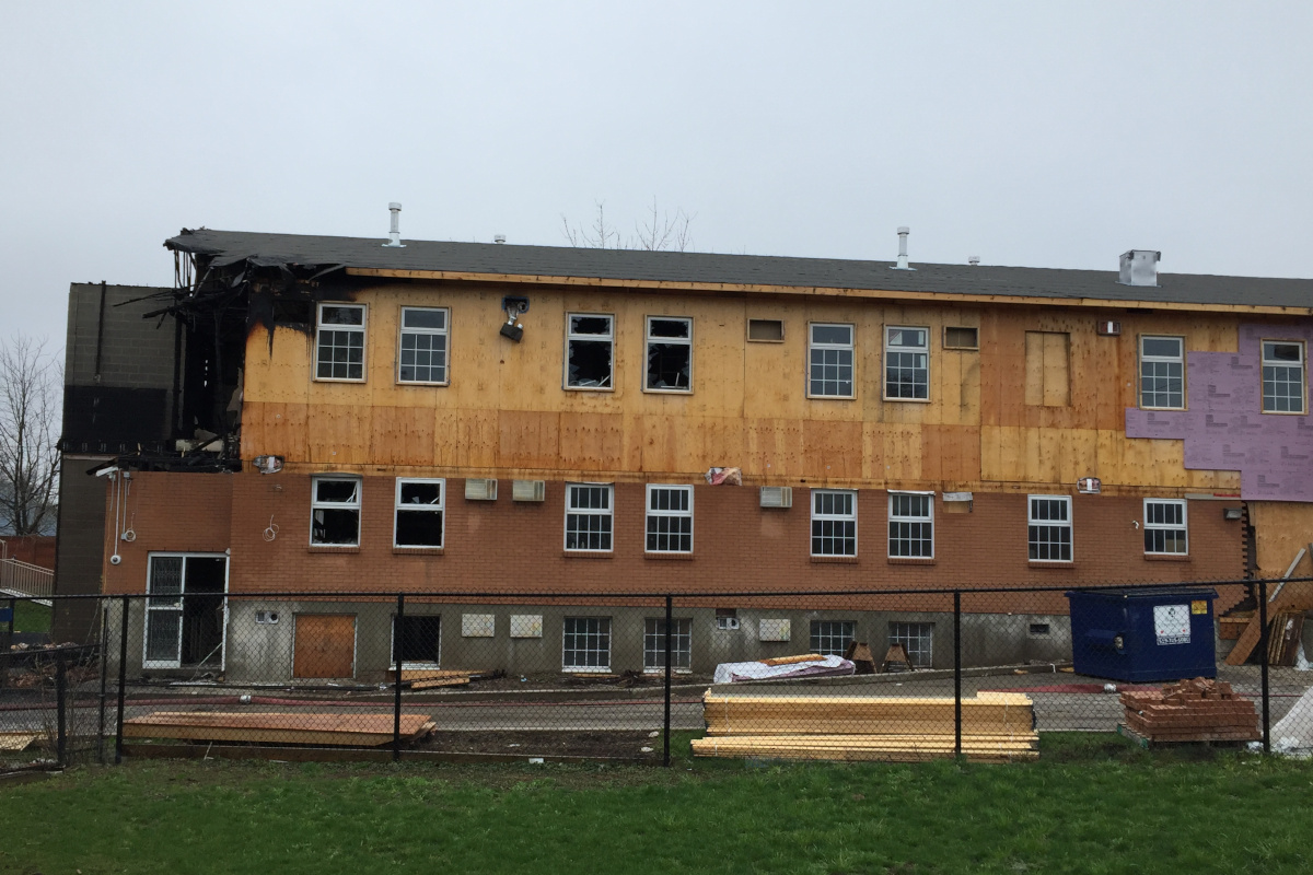 Damage could be seen on the back of the House of Friendship facility in Cambridge on Wednesday morning.