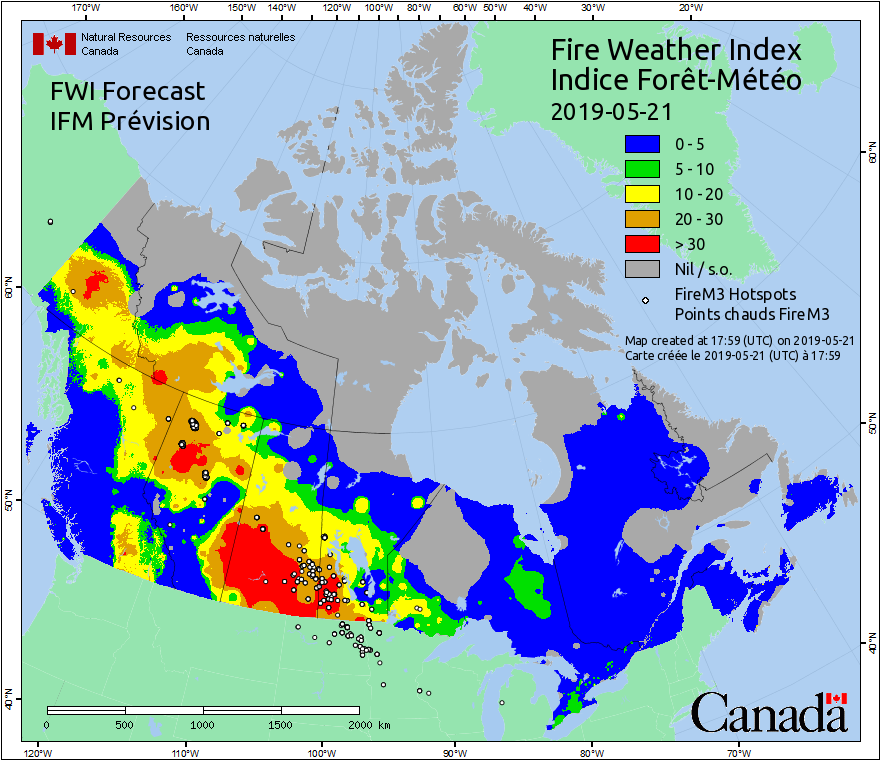 The general index of fire intensity throughout Canada on May 21, 2019.