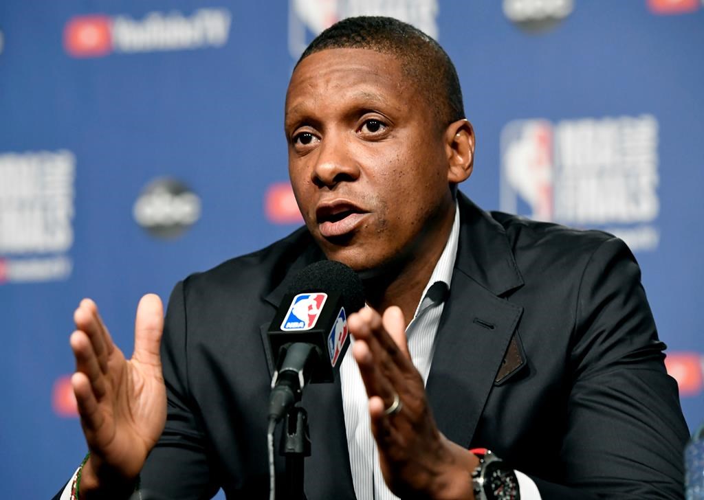 Toronto Raptors general manager Masai Ujiri speaks to media during an availability in the lead up to tomorrow's NBA Final game 1 against the Golden State Warriors, in Toronto on Wednesday, May 29, 2019.