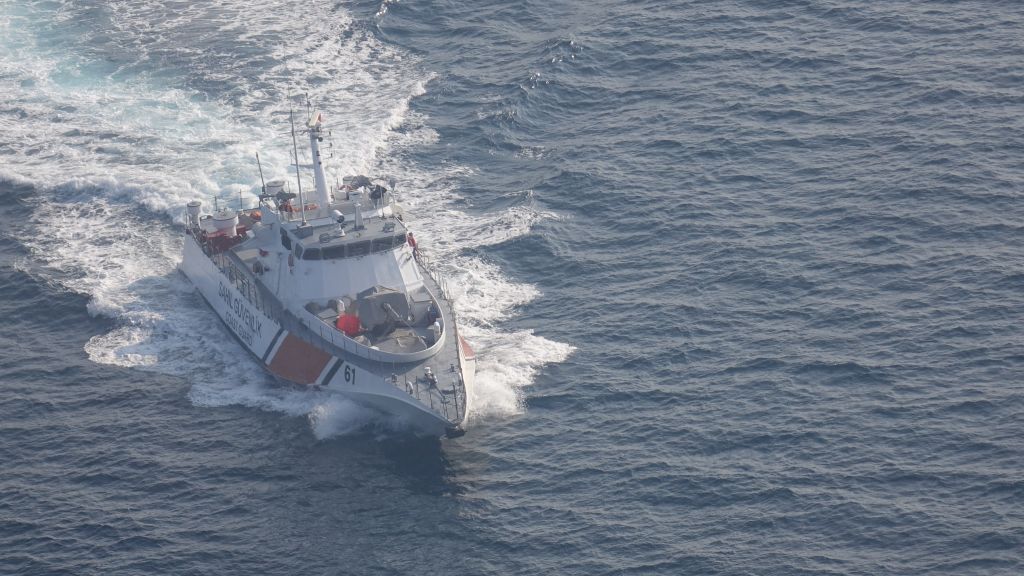 Coast guards carry out search and rescue work in the Aegean Sea on November 12, 2018 in Izmir, Turkey. 