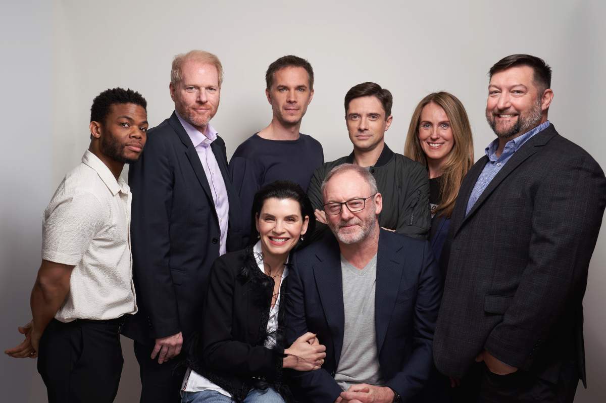 (Back row L-R) Paul James, Noah Emmerich, James D’Arcy, Topher Grace, Kelly Souders, Brian Peterson (front row L-R) Julianna Margulies, and Liam Cunningham of National Geographic’s ‘The Hot Zone’ pose for a portrait during the 2019 Winter TCA at The Langham Huntington, Pasadena on February 10, 2019 in Pasadena, Calif.. (Photo by Corey Nickols/Getty Images)