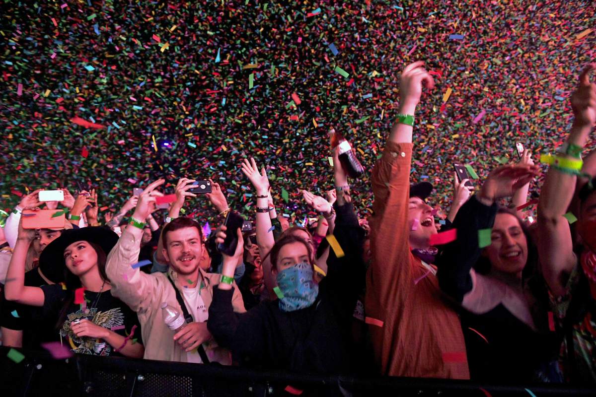 Festivalgoers watch Tame Impala perform at Coachella Stage during the 2019 Coachella Valley Music And Arts Festival on April 20, 2019 in Indio, Calif.