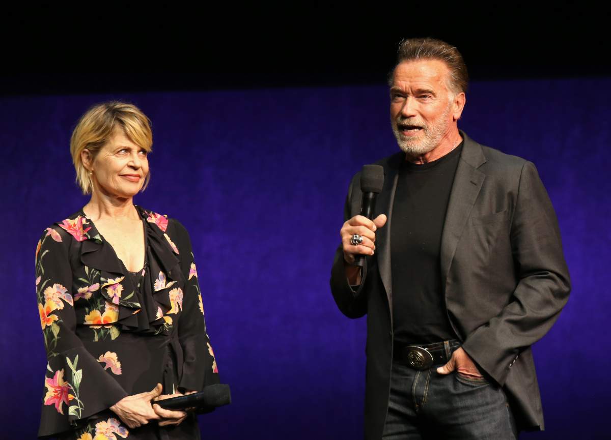 Linda Hamilton and Arnold Schwarzenegger speak during Paramount Pictures’ exclusive presentation during CinemaCon at The Colosseum at Caesars Palace on April 4, 2019, in Las Vegas, Nev.