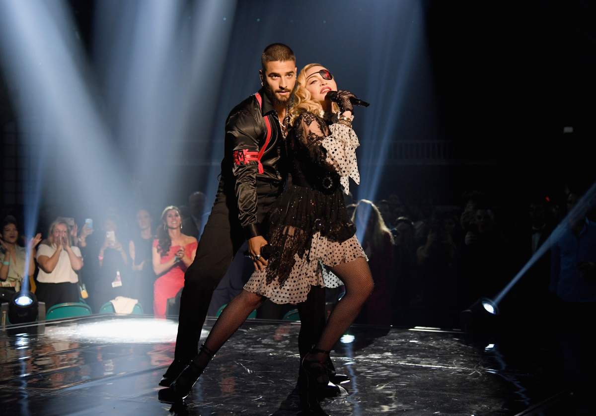 (L-R) Maluma and Madonna perform onstage during the 2019 Billboard Music Awards at MGM Grand Garden Arena on May 1, 2019 in Las Vegas, Nev.