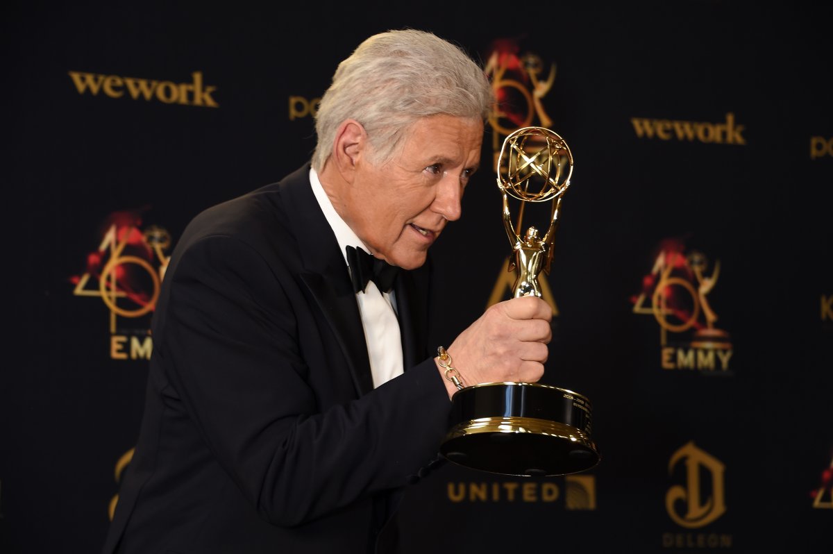 Alex Trebek poses with the Daytime Emmy Award for Outstanding Game Show Host in the press room during the 46th annual Daytime Emmy Awards at Pasadena Civic Center on May 05, 2019 in Pasadena, California.