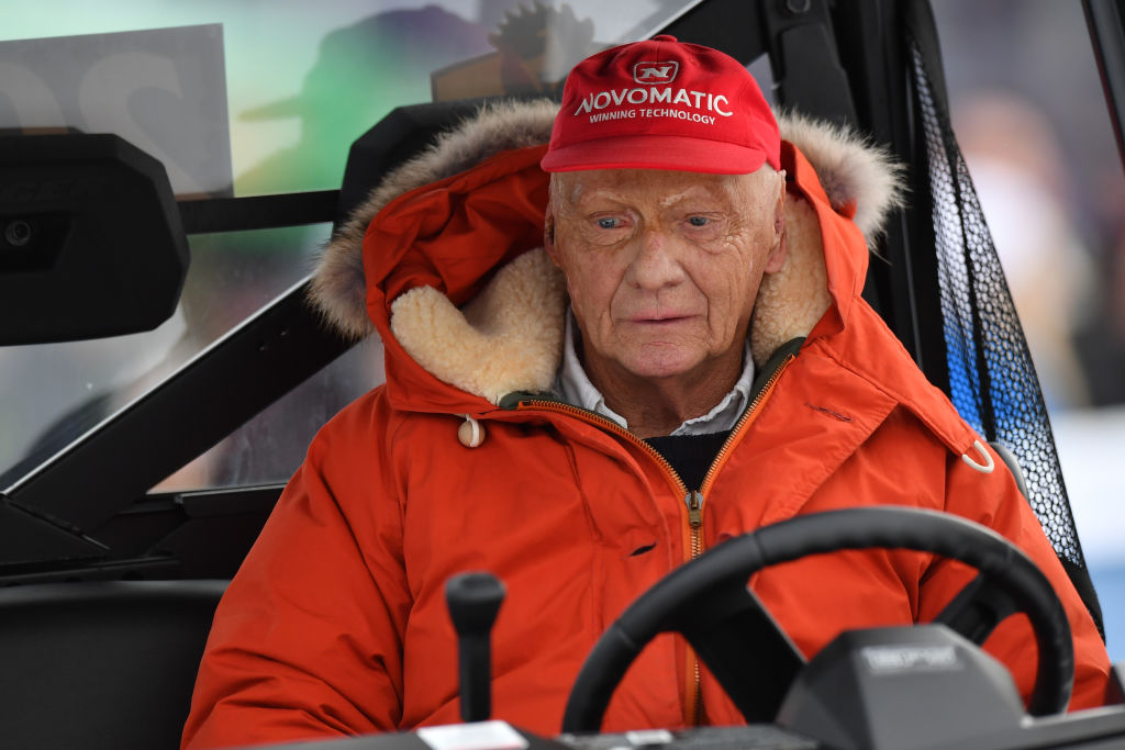 Niki Lauda sits behind the wheel of a snowmobile during the KitzCharityTrophy on January 20, 2018 in Kitzbuehel, Austria.
