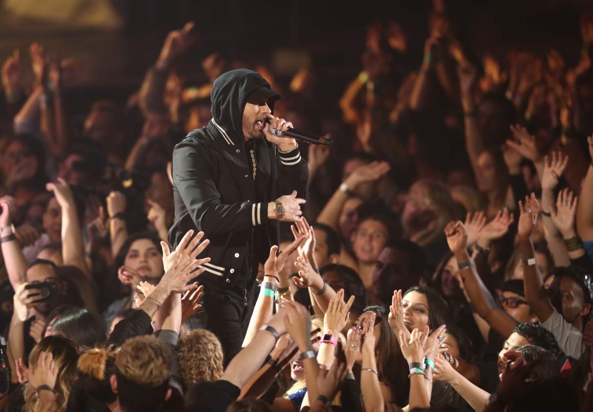 Eminem performs onstage during the 2018 iHeartRadio Music Awards which broadcasted live on TBS, TNT, and truTV at The Forum on March 11, 2018, in Inglewood, Calif.