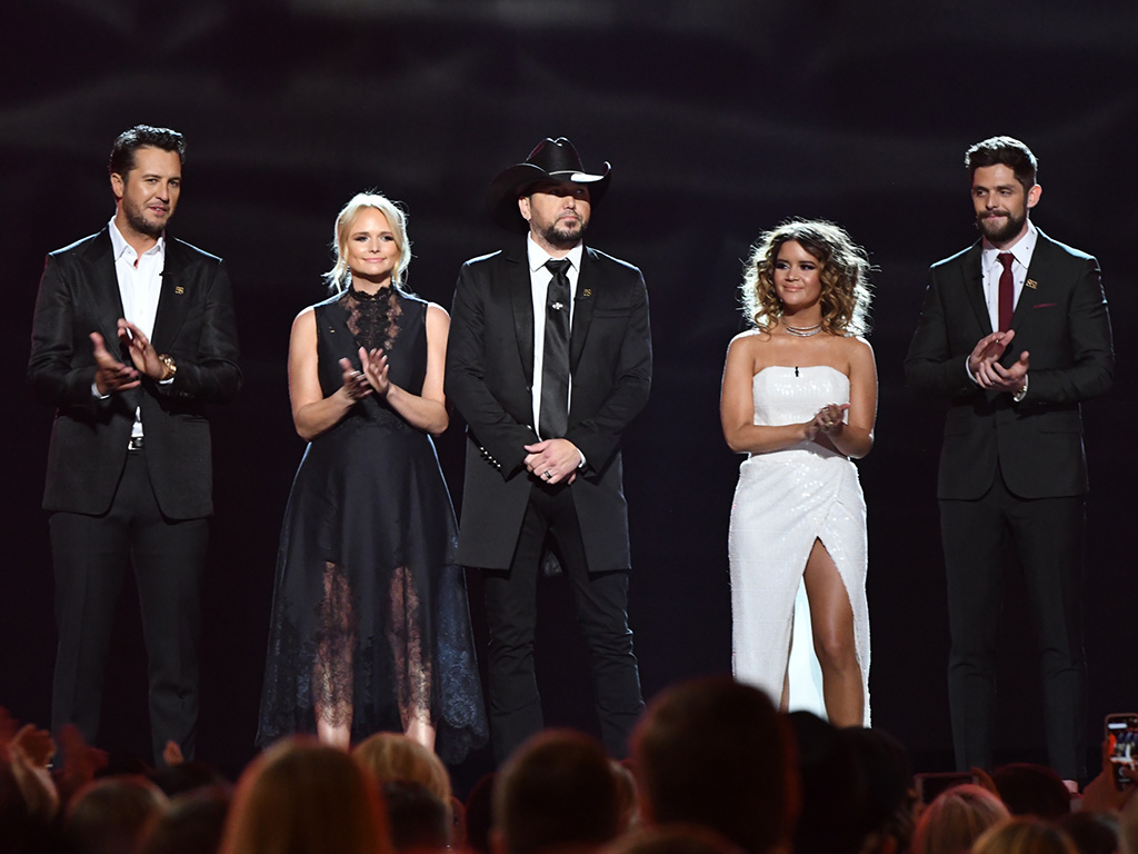 (L-R) Luke Bryan, Miranda Lambert,  Jason Aldean, Maren Morris, and Thomas Rhett onstage at the 53rd Academy of Country Music Awards at the the MGM Grand Garden Arena in Las Vegas, Nev. on April 15, 2018.