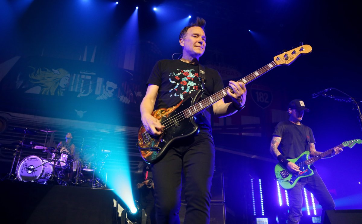 (L-R) Travis Barker, Mark Hoppus and Matt Skiba of Blink-182 perform as the band kicks off its 16-show 'Kings of the Weekend' residency at The Pearl concert theater at Palms Casino Resort on May 26, 2018 in Las Vegas, Nev.