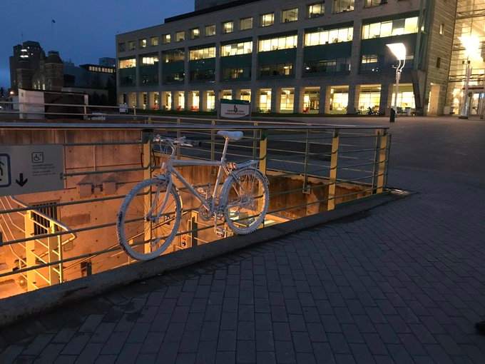 The ghost bike was installed outside Ottawa City Hall across the road from where a cyclist was fatally injured in a hit-and-run on Laurier Avenue.