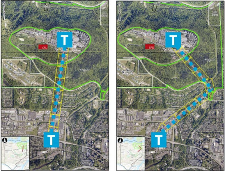 Two possible gondola routes envisioned in a 2018 feasibility study.