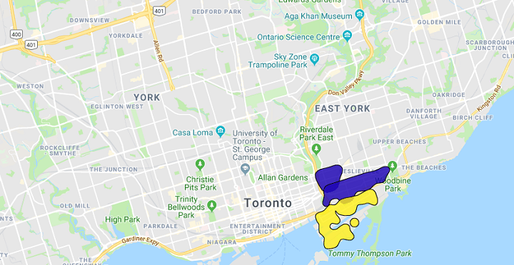 A map of the power outage that affected residents in the east-end of Toronto.