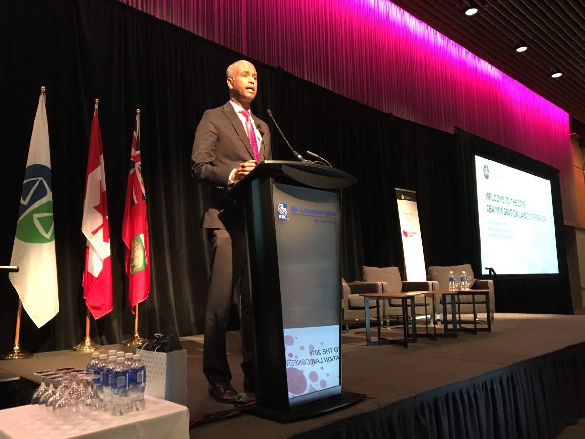 Immigration Minister Ahmed Hussen speaks to the crowd in Winnipeg on May 31, 2019.