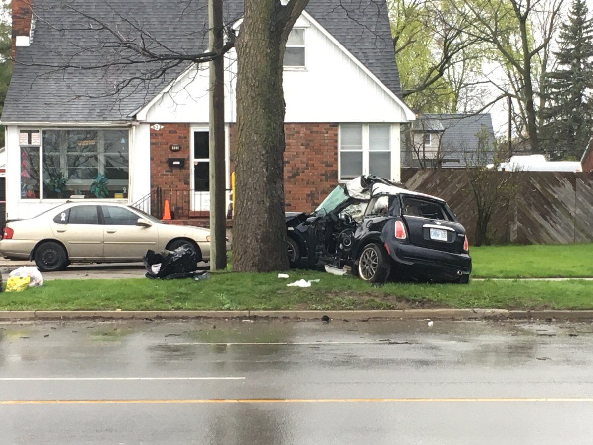 A heavily damaged Mini Cooper is seen resting against a tree, up on the curb following a serious crash Tuesday morning.