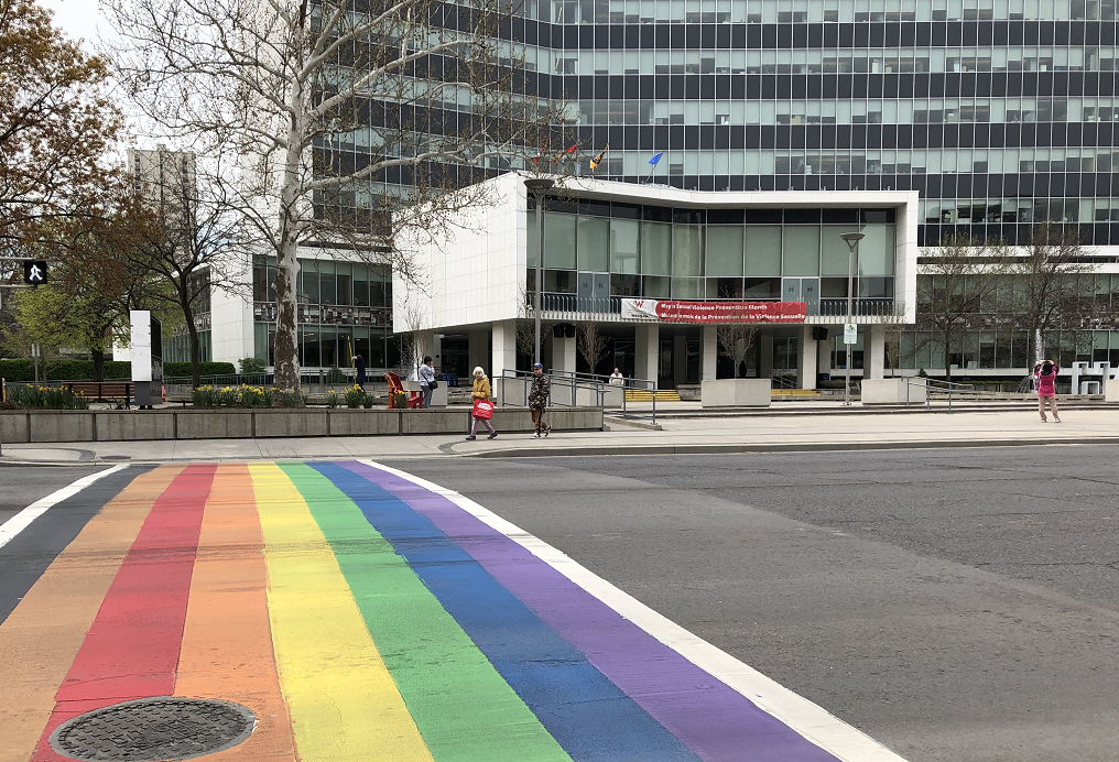 Pride flag crosswalk in front of Hamilton City Hall
