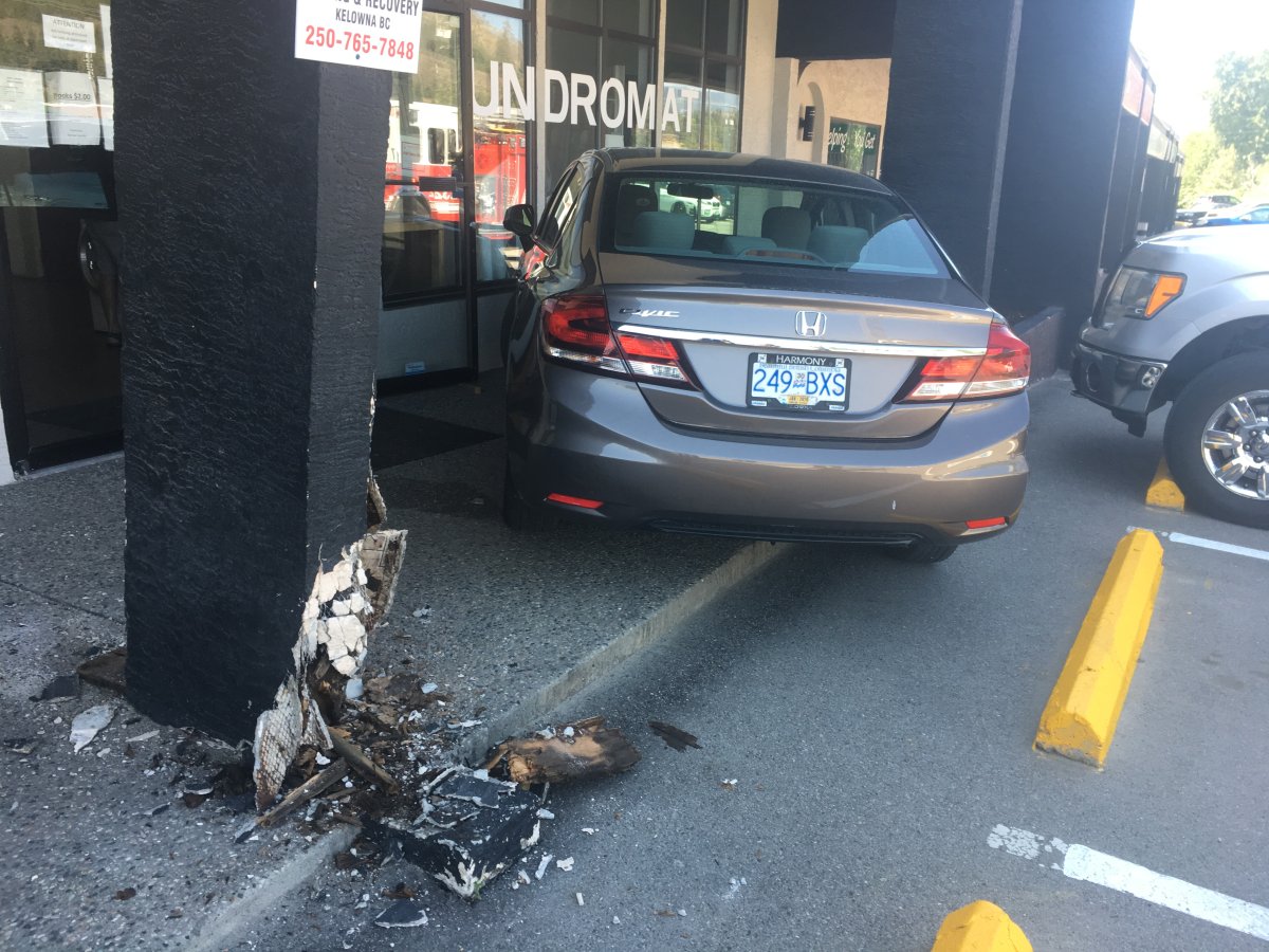 A car jumped the curb and nearly crashed into a West Kelowna business just after 10 a.m. Monday morning. 