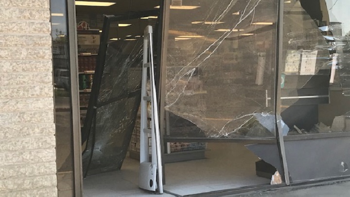 As part of a robbery, a Shoppers Drug Mart in Moose Jaw had its storefront smashed into May 27, 2019.
