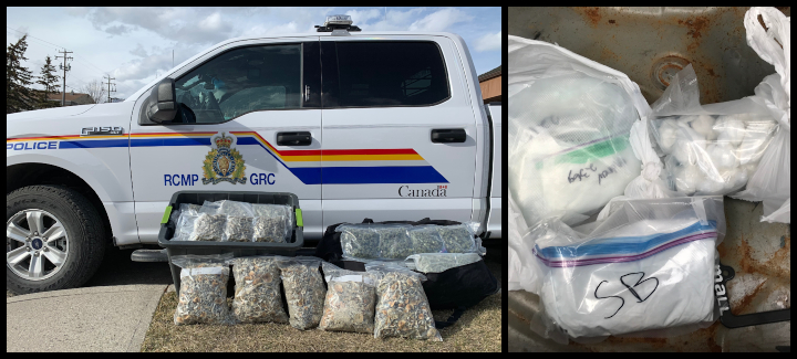 April 2019 traffic stops in the mountains led to drug seizures, RCMP said Wednesday. Canmore seizure on April 14, 2019 (left) and Jasper seizure on April 9, 2019 (right).