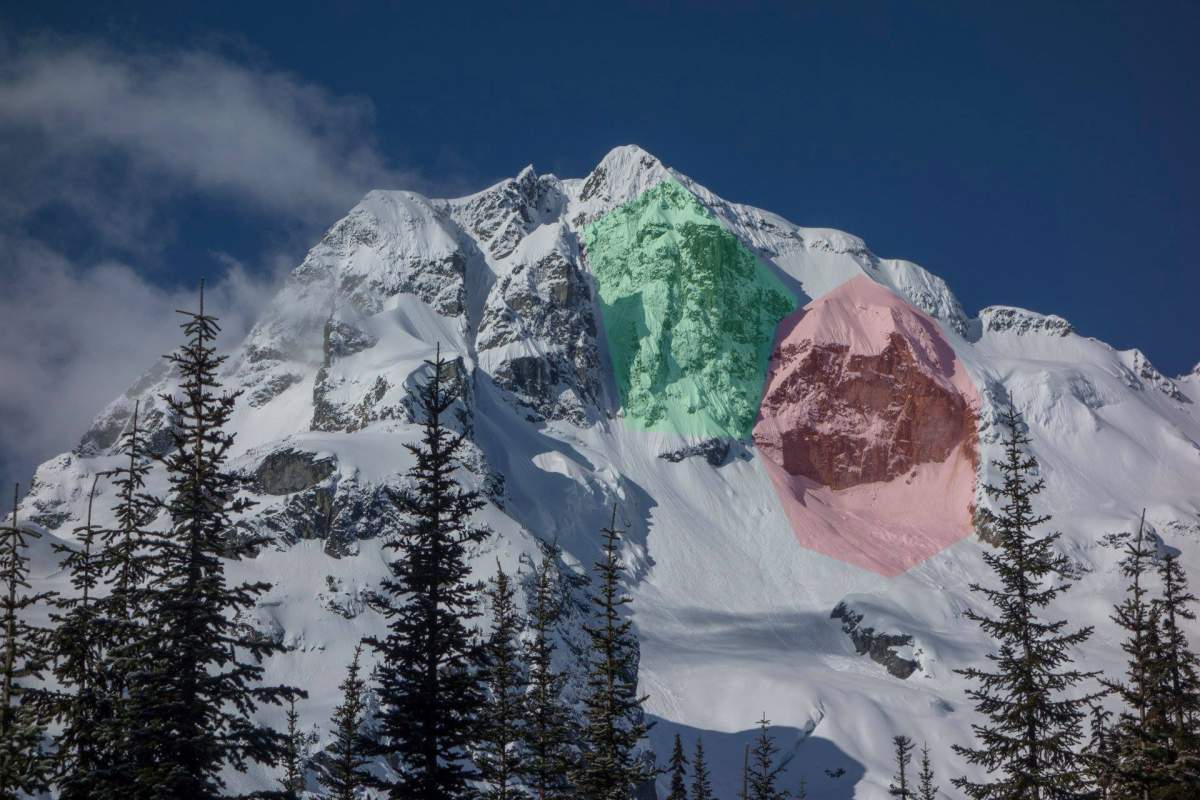 A graphic depicts the two points on Joffre Peak where rockslides occurred this week.