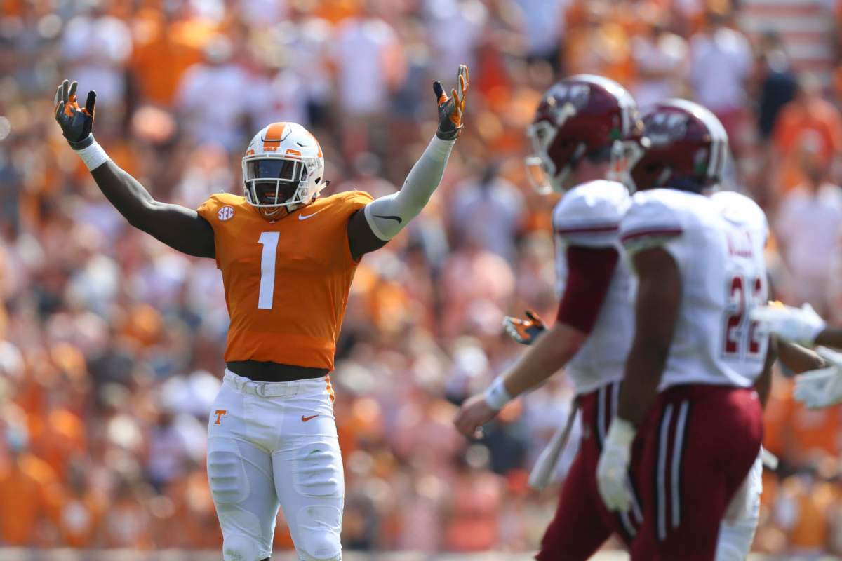 KNOXVILLE, TN - SEPTEMBER 23, 2017 - Defensive lineman Jonathan Kongbo #1 of the Tennessee Volunteers during the game between the UMass Minutemen and the Tennessee Volunteers at Neyland Stadium in Knoxville, TN. Photo By Kyle Zedaker/Tennessee Athletics.