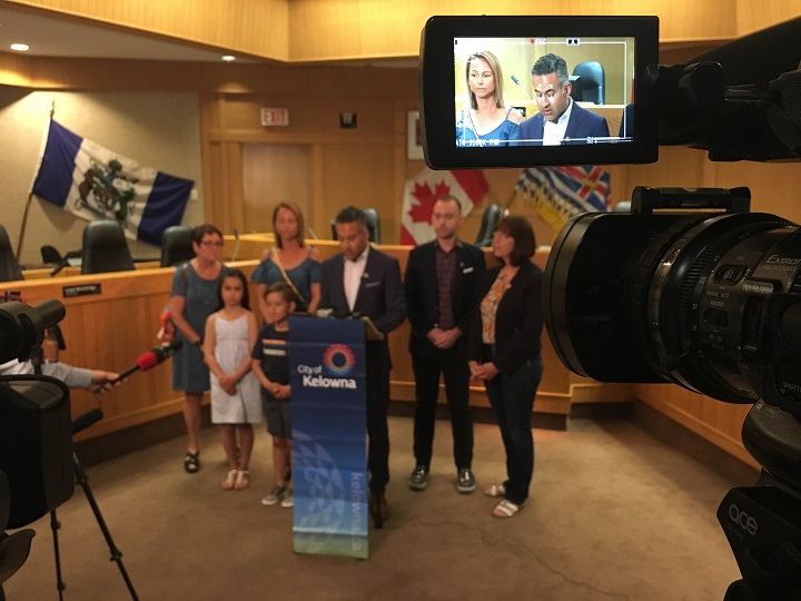 Kelowna mayor Colin Basran speaks to the media on May 15. The man who was arrested for making alleged online threats towards Basran will not be facing any charges, the B.C. Prosecution Service announced on Tuesday.