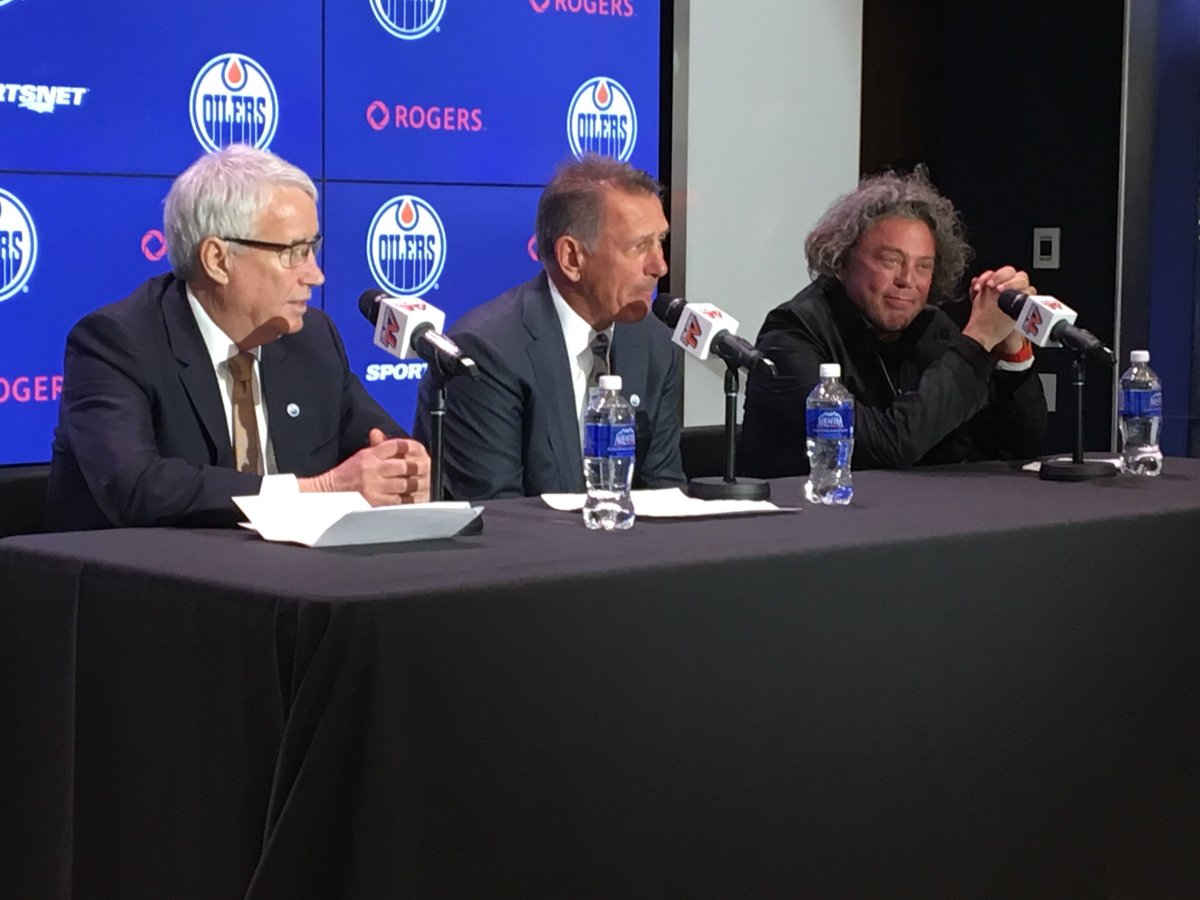 Edmonton Oilers Bob Nicholson (L) and Daryl Katz (R) announce Ken Holland (C) as the new general manager and president of hockey operations Tuesday, May 7, 2019. 