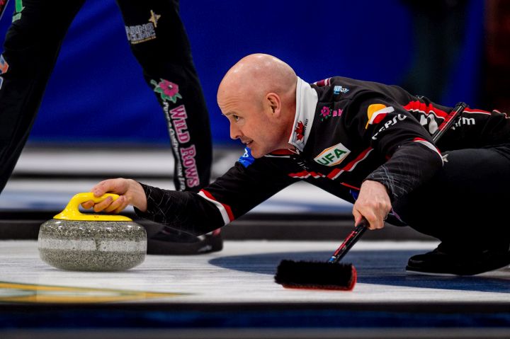Skip Kevin Koe releases his first rock during the fourth end of the men's final of the Humpty's Champions Cup against Team Bottcher in Saskatoon SK., on Sunday April 28, 2019. 