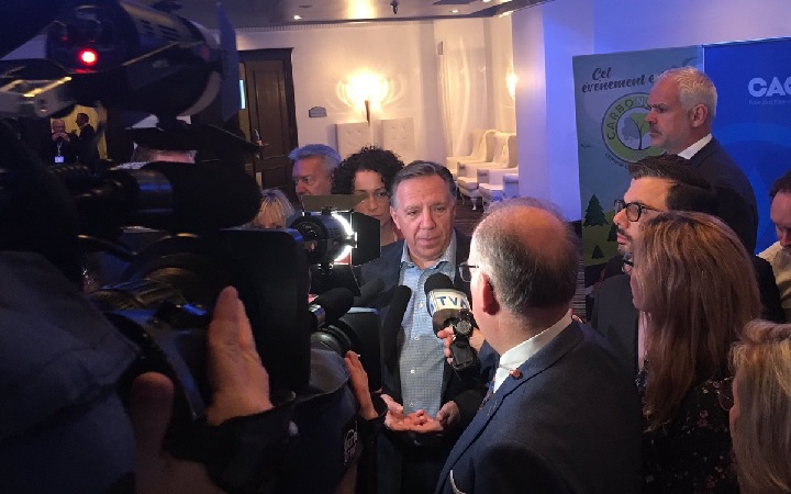 Quebec Premier François Legault speaks to reporters as the CAQ holds its general council on the environment in Montreal. Saturday, May 25, 2019.