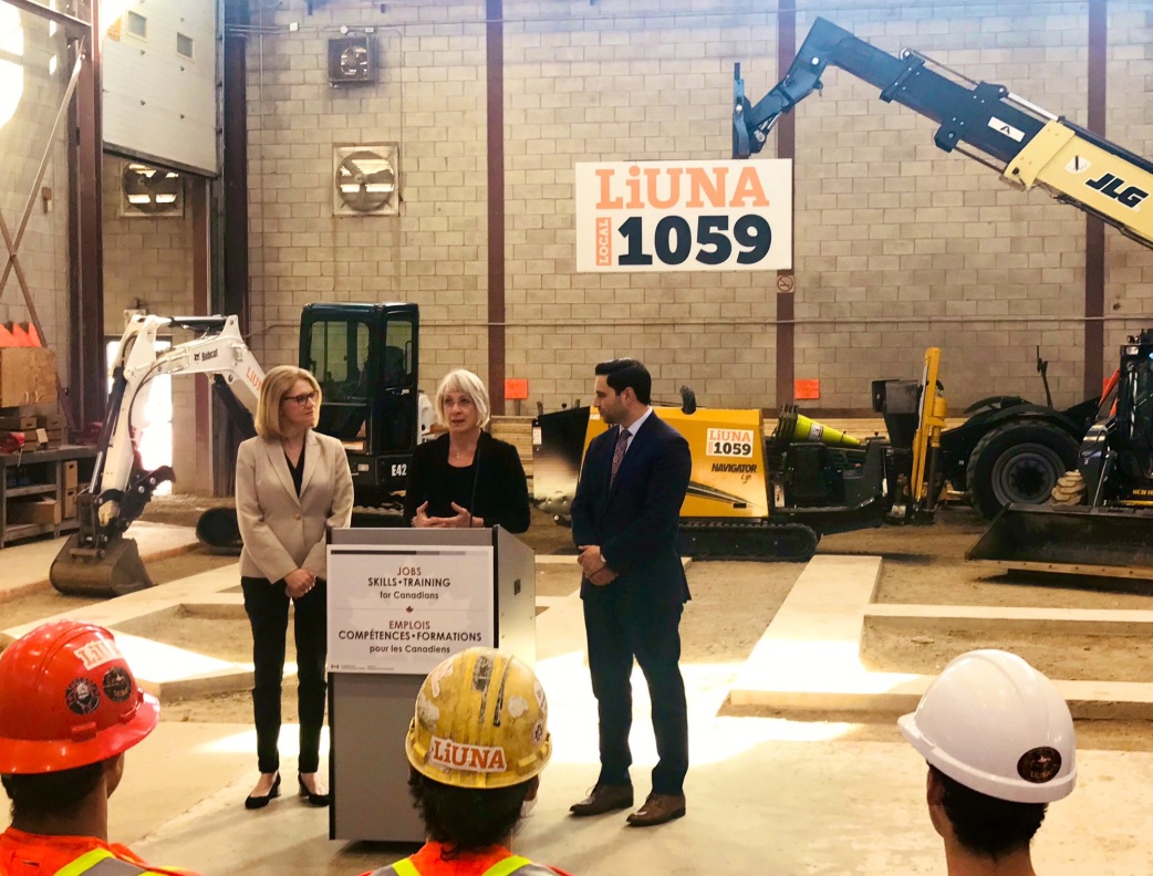 Minister of Emplyment, Workforce Development and Labour Patty Hajdu makes the announcement at LiUNA 1059, with London-area MP's Peter Fragiskatos and Kate Young.