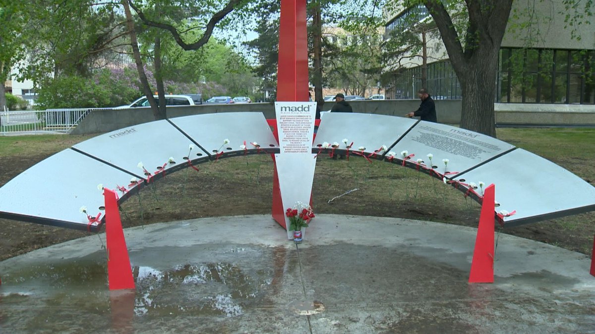 Forty-five names are on the red and black monument unveiled in Saskatoon on May 25, 2019, to remember victims of impaired drivers.