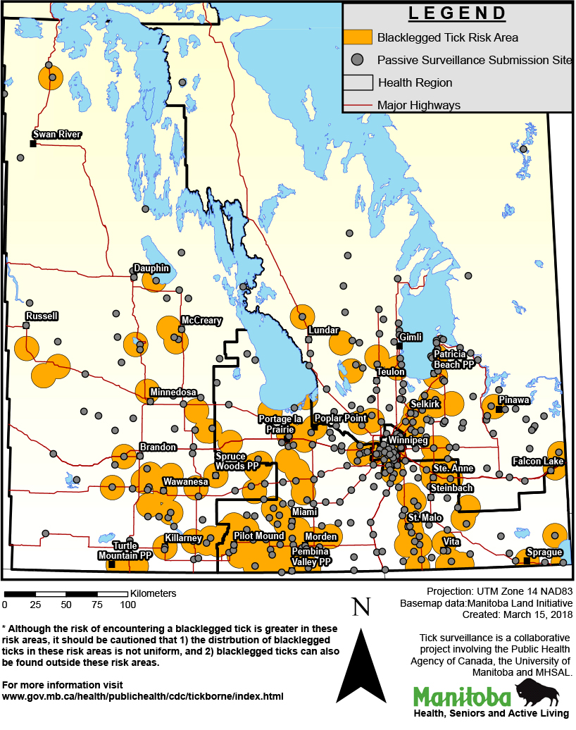 Lyme disease risk areas in Manitoba.