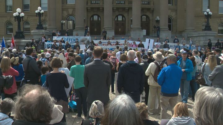 Hundreds of pro-life demonstrators converged at the grounds of the Alberta legislature on Thursday.