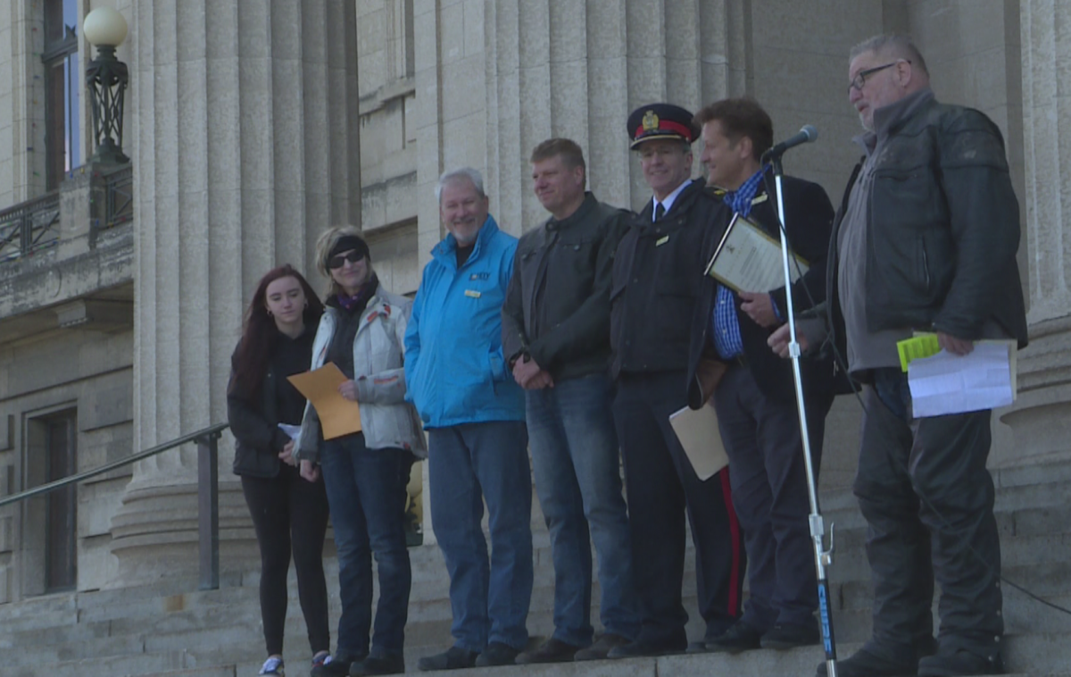 The guest speakers at Saturday’s Motorcycle Safety Awareness Rally.