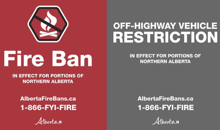 The Alberta government has imposed a fire ban and restrictions on off-highway vehicle use in the northern half of the province.
