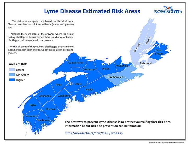 Lyme disease risk areas in Nova Scotia.