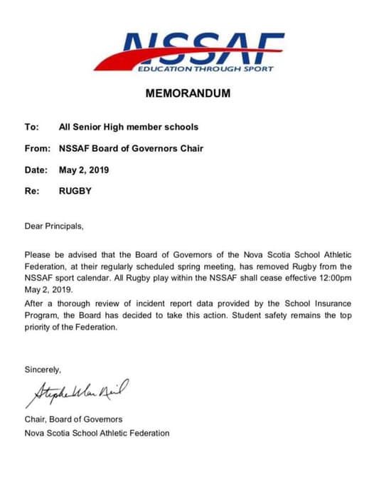 A copy of the memo from the Nova Scotia School Athletic Federation informing the province’s schools that rugby will no longer be offered.