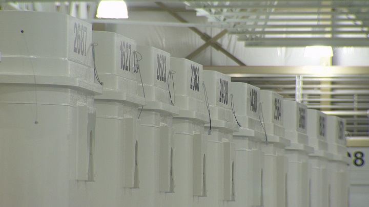 Used nuclear fuel from the Bruce Power plant near Lake Huron, Ont. is stored in massive containers on site.
