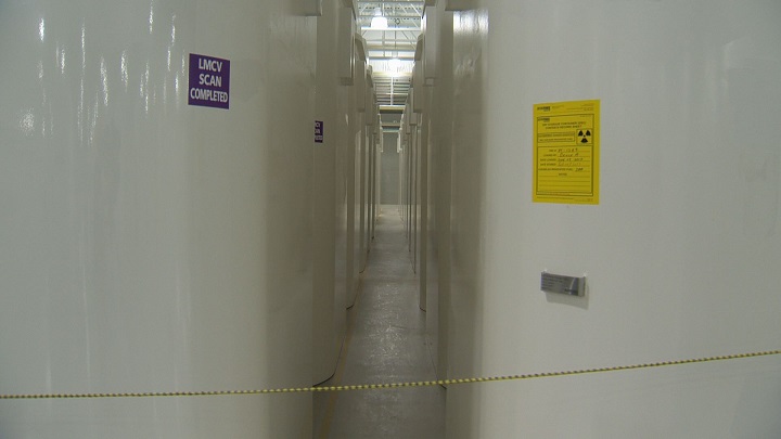 Used nuclear fuel from the Bruce Power plant near Lake Huron, Ont. is stored in massive containers on site.