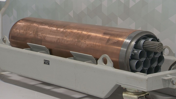 These copper-coated carbon steel tubes contain used nuclear fuel from the Bruce Power plant near Lake Huron. The tubes will then be placed deep underground in coffin-like boxes made of bentonite clay.