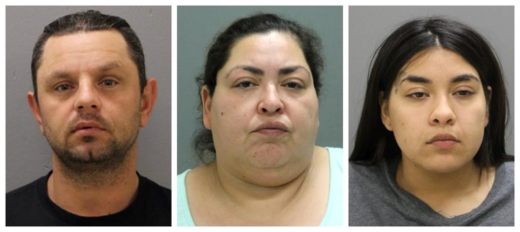 This combination of booking photos provided by the Chicago Police Department on Thursday, May 16, 2019 shows from left, Pioter Bobak, 40; Clarisa Figueroa, 46; and Desiree Figueroa, 24. (Chicago Police Department via AP)